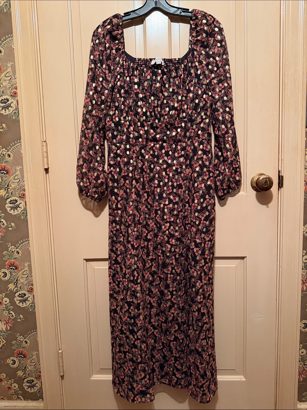 LOFT Floral Smocked Maxi Dress in Navy with Pink Accents